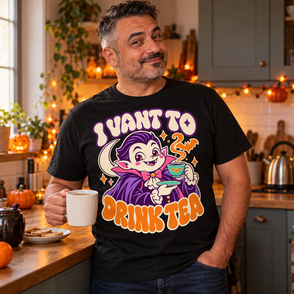 Man wearing the Cute Vampire Cartoon design black t-shirt holding a mug of tea in a kitchen with Halloween pumpkins