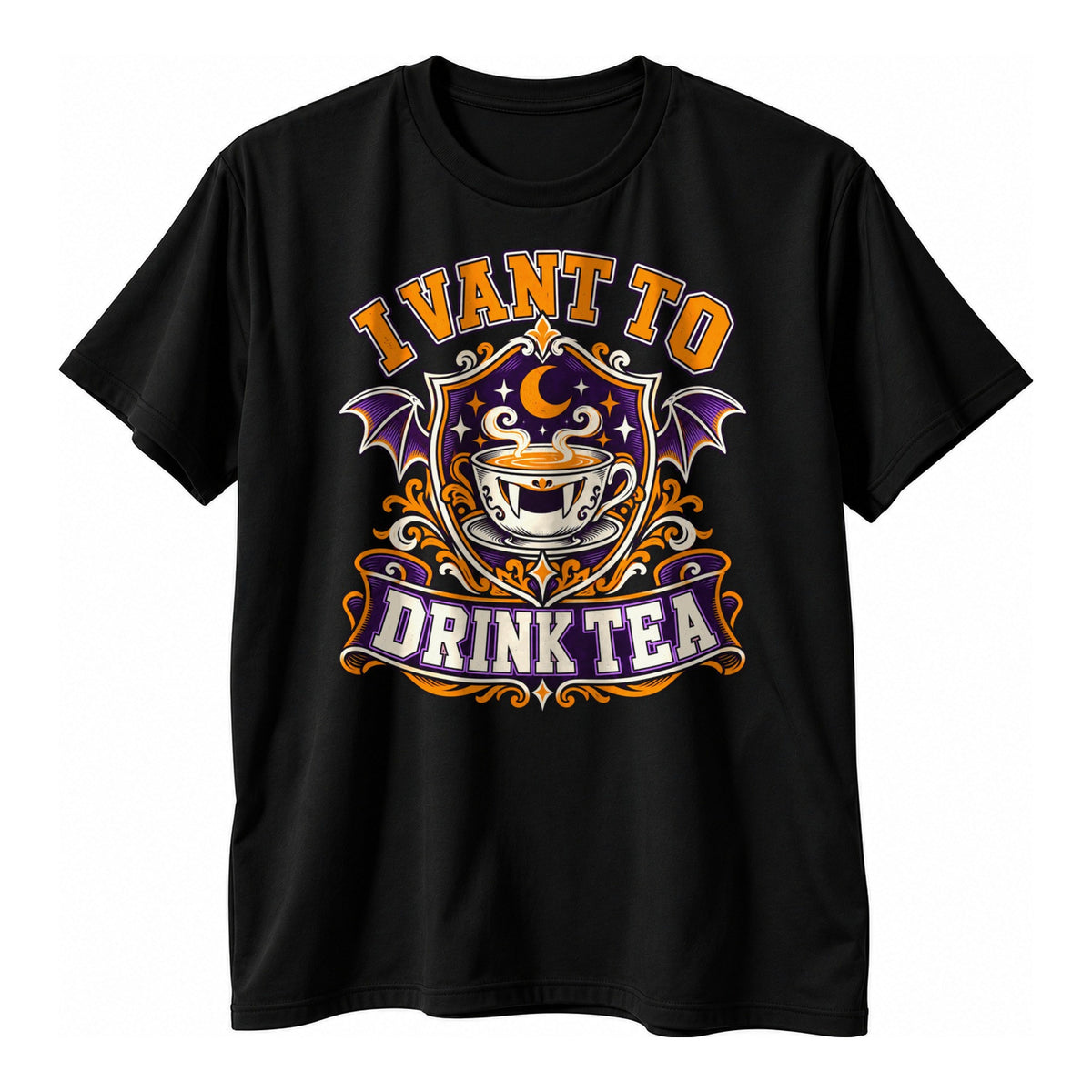 Black t-shirt with a varsity style shield crest holding a fanged teacup and bat wings above the text I Vant To Drink Tea