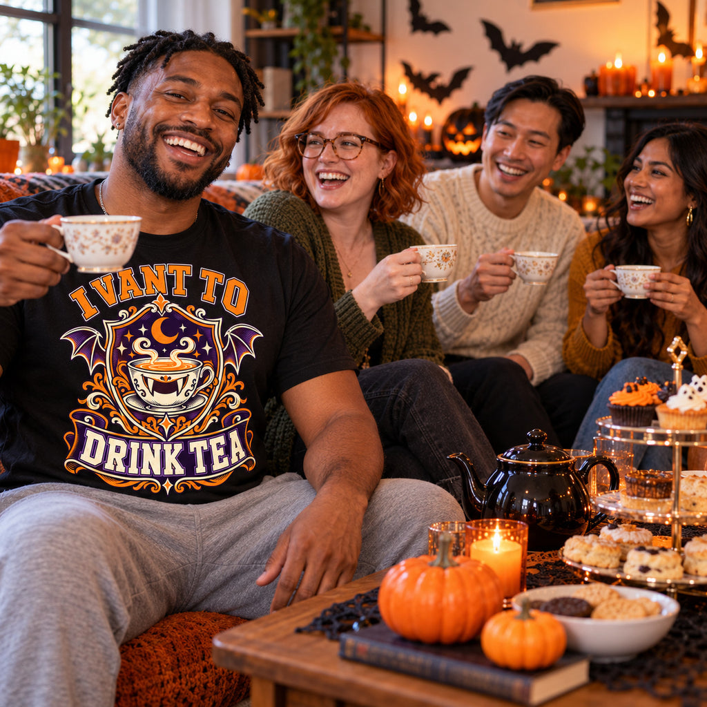 Friends wearing the Varsity Tea Crest design black t-shirt at a Halloween afternoon tea party with teapot and cakes