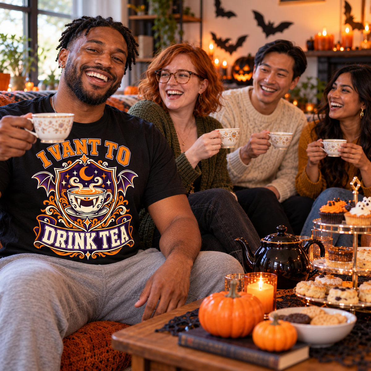 Friends wearing the Varsity Tea Crest design black t-shirt at a Halloween afternoon tea party with teapot and cakes