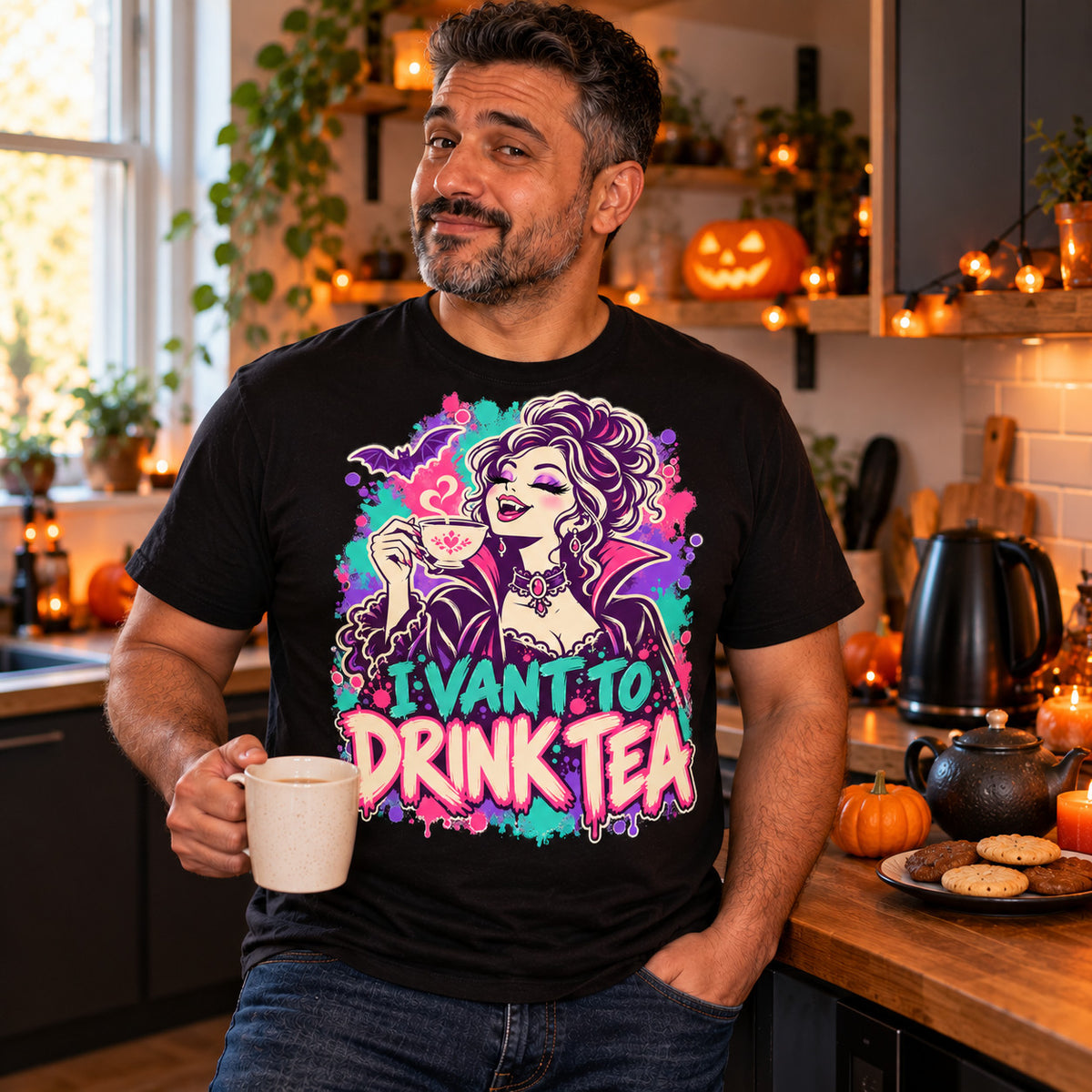 Man wearing the Splash Glam Vampire design black t-shirt holding a mug of tea in a kitchen with Halloween pumpkins