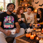 Friends wearing the Splash Glam Vampire design black t-shirt at a Halloween afternoon tea party with teapot and cakes