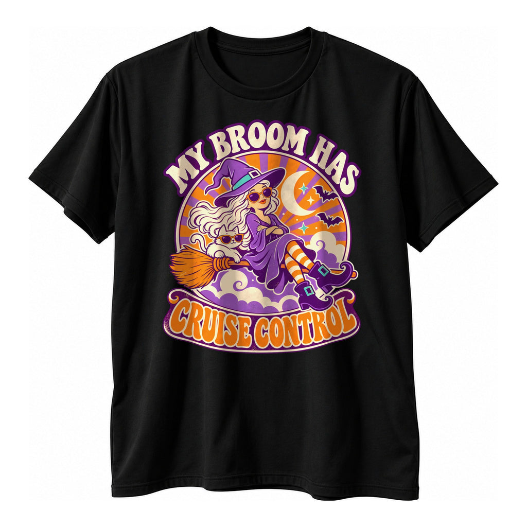 Black t-shirt with a retro round badge of a sunglasses witch and a white cat on a broom above the text My Broom Has Cruise Control