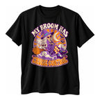 Black t-shirt with a retro round badge of a sunglasses witch and a white cat on a broom above the text My Broom Has Cruise Control