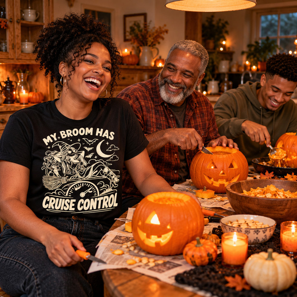 Family wearing the Line Art Autopilot Witch design black t-shirt carving pumpkins at a kitchen table