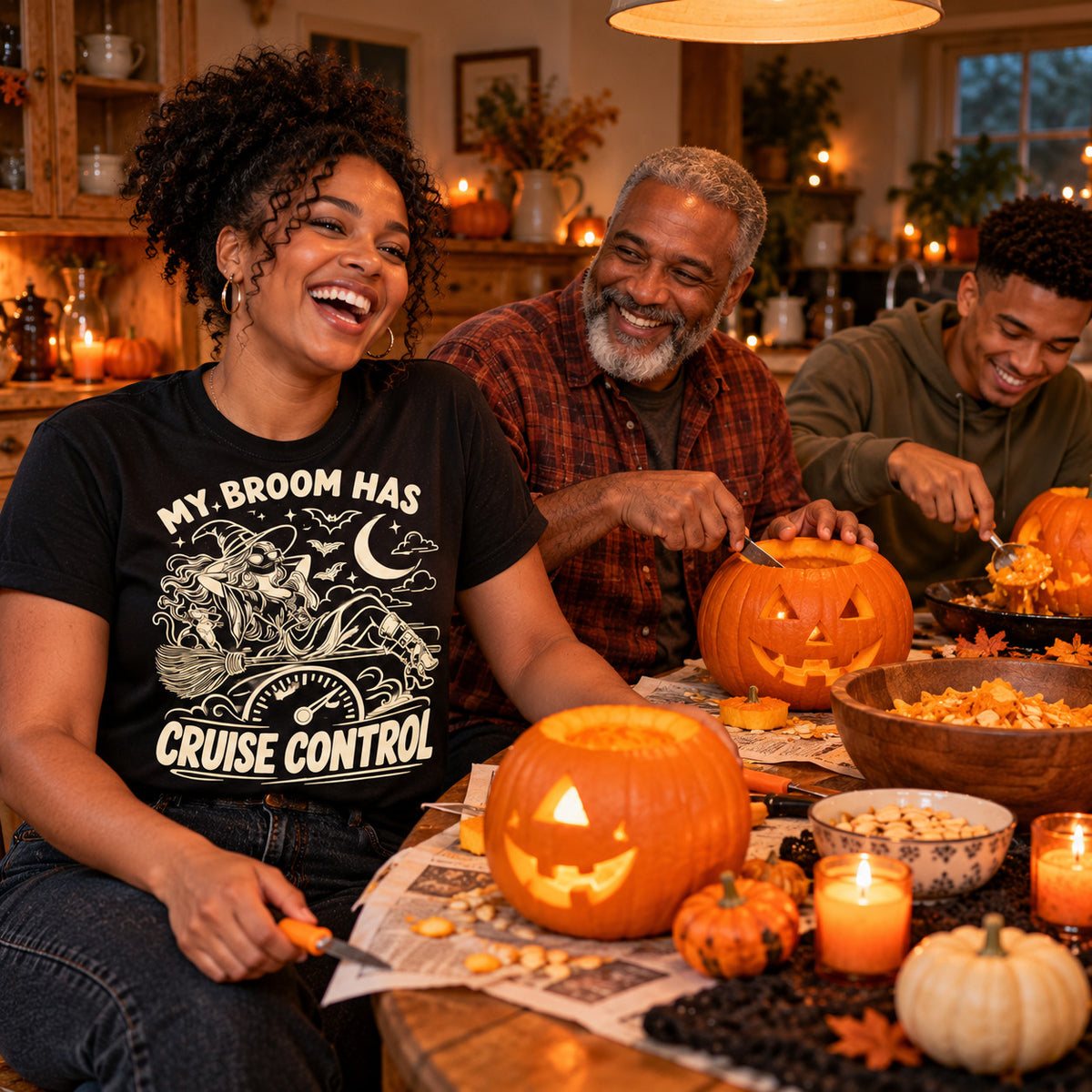 Family wearing the Line Art Autopilot Witch design black t-shirt carving pumpkins at a kitchen table
