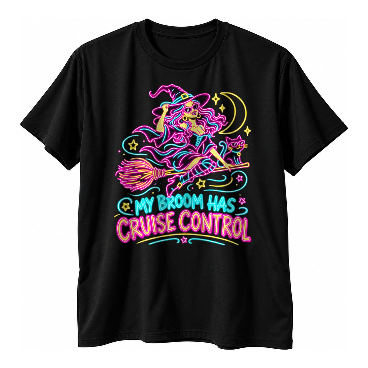 Black t-shirt with a glowing pink and cyan witch and cat on a broom above the text My Broom Has Cruise Control
