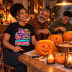 Family wearing the Neon Witch Cruiser design black t-shirt carving pumpkins at a kitchen table
