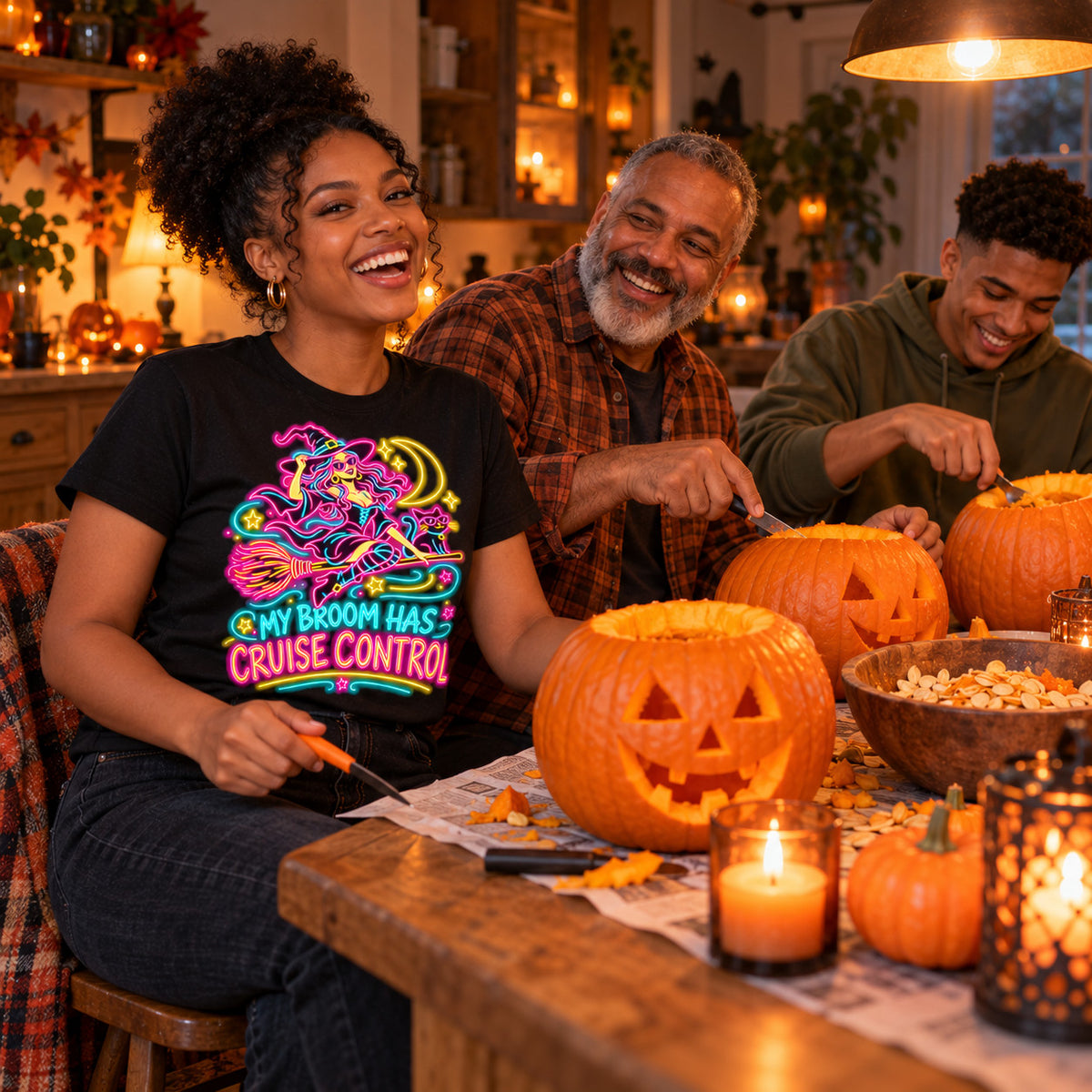 Family wearing the Neon Witch Cruiser design black t-shirt carving pumpkins at a kitchen table