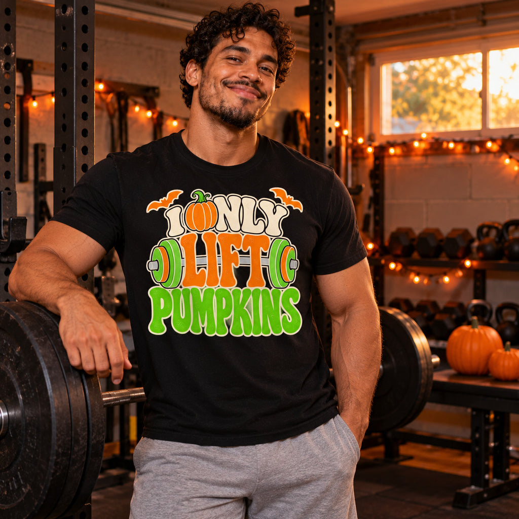 Man wearing the Typography Barbell Letters design black t-shirt in a home garage gym next to a barbell with pumpkins