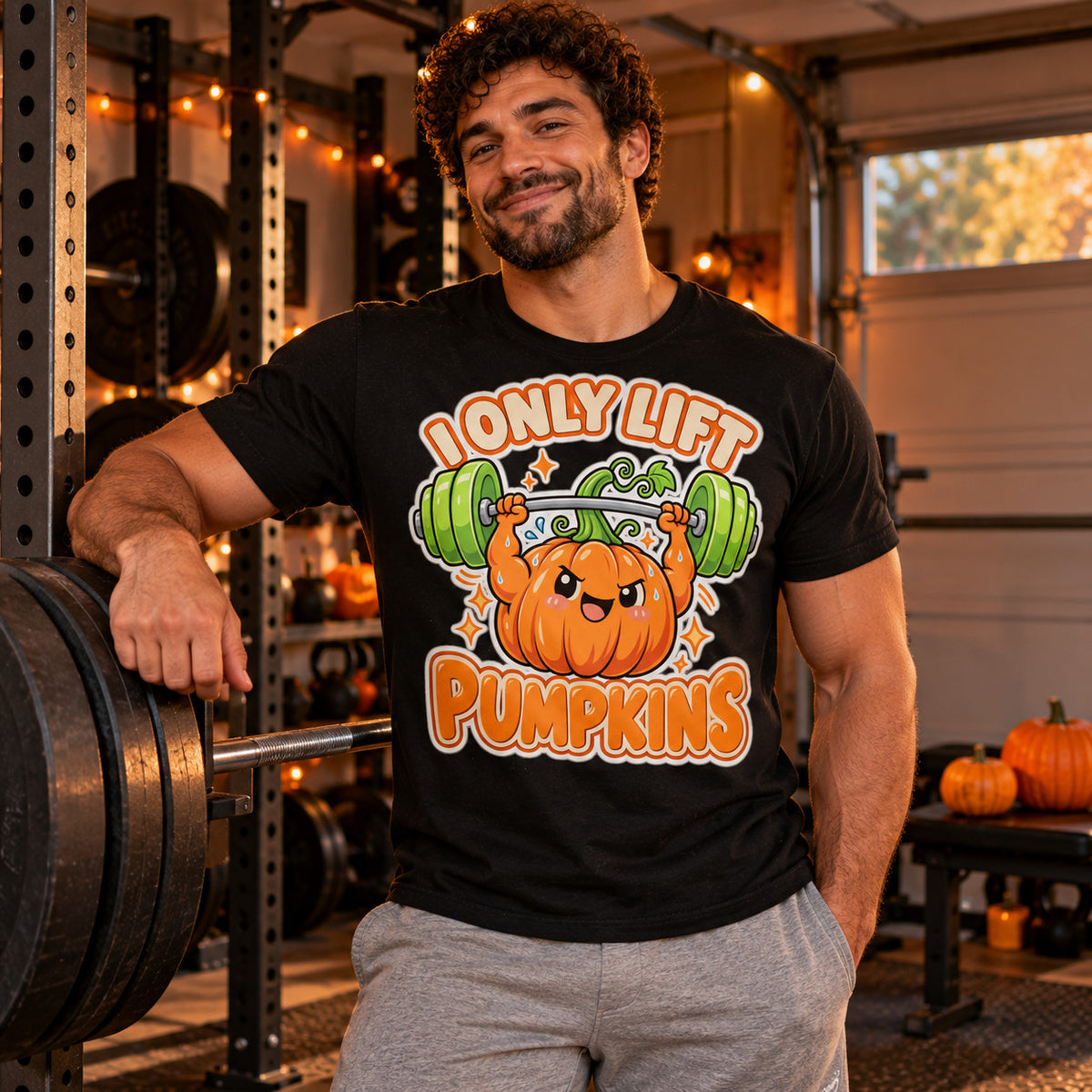 Man wearing the Sticker Strongman Pumpkin design black t-shirt in a home garage gym next to a barbell with pumpkins