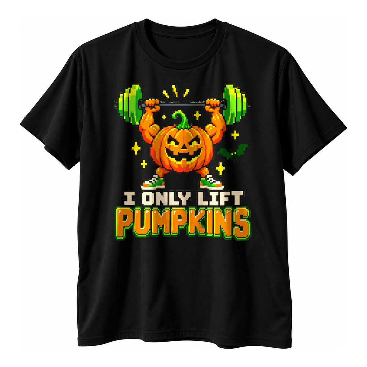 Black t-shirt with a pixel art pumpkin lifting a green barbell above the text I Only Lift Pumpkins