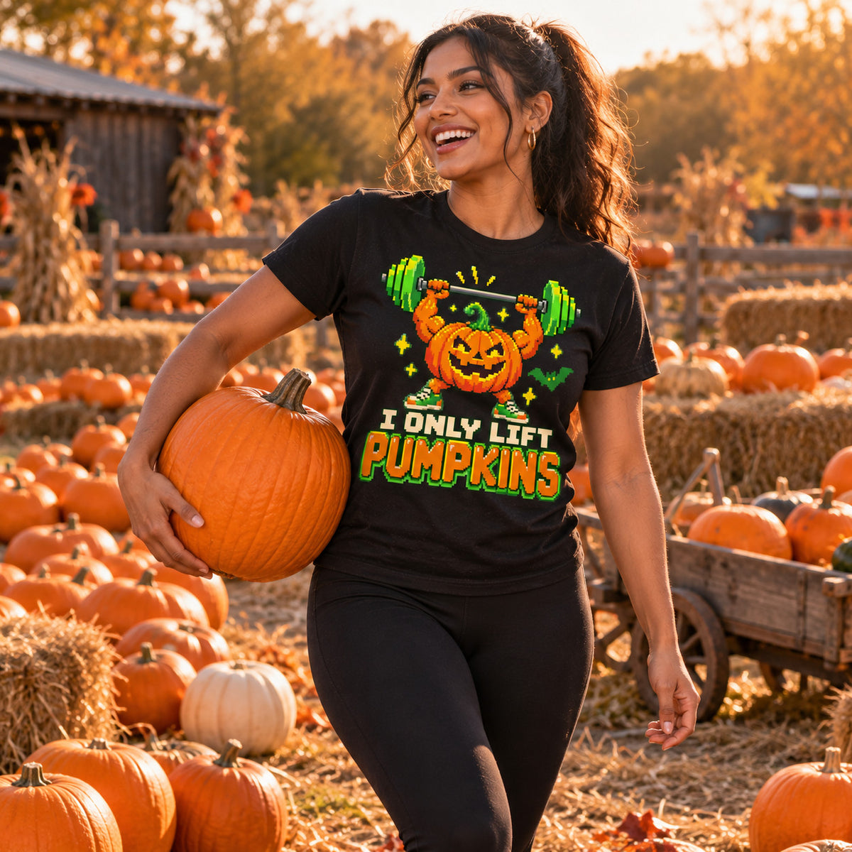 Woman wearing the Pixel Powerlifter Pumpkin design black t-shirt carrying a pumpkin at a pumpkin patch
