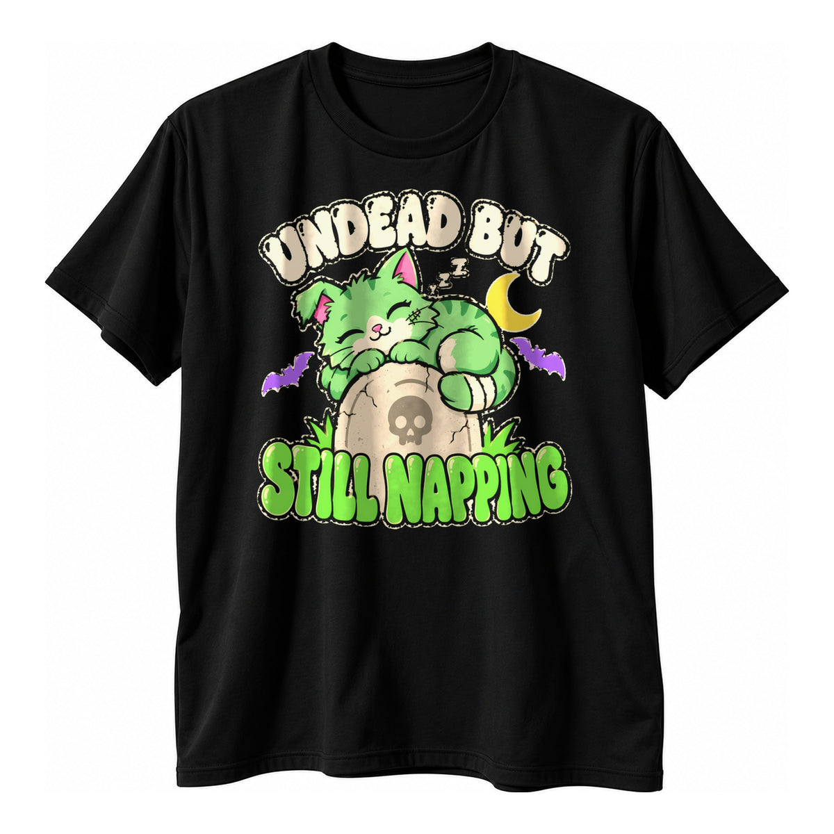 Black t-shirt with a cartoon green zombie cat asleep on a tombstone above the text Undead But Still Napping
