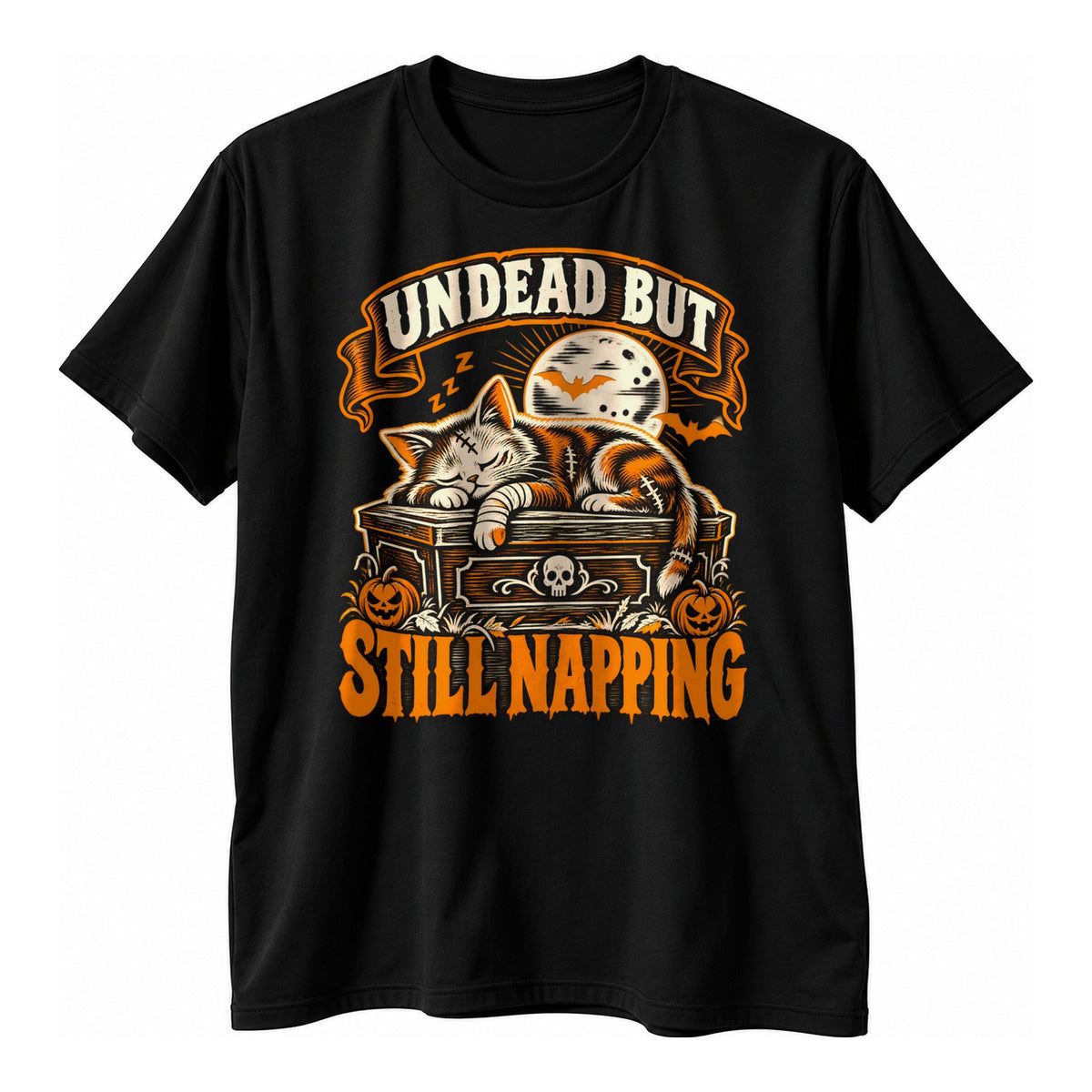 Black t-shirt with a woodcut style zombie cat asleep on a coffin above the text Undead But Still Napping