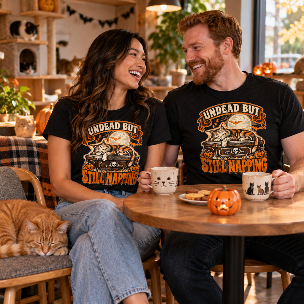 Couple wearing the Woodcut Coffin Cat design black t-shirts at a cat cafe table with a ginger cat napping