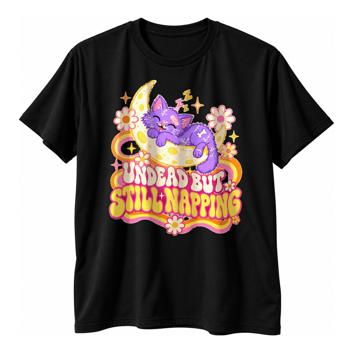 Black t-shirt with a retro lavender zombie cat on a crescent moon with rainbow stripes and the text Undead But Still Napping