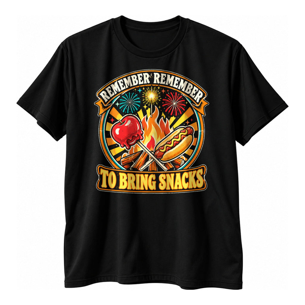 Black t-shirt with a retro round badge of a bonfire, toffee apple, hot dog and fireworks above the text Remember Remember To Bring Snacks