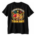 Black t-shirt with a retro round badge of a bonfire, toffee apple, hot dog and fireworks above the text Remember Remember To Bring Snacks
