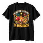 Black t-shirt with a retro round badge of a bonfire, toffee apple, hot dog and fireworks above the text Remember Remember To Bring Snacks