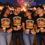 Group of friends wearing the Retro Badge Bonfire Snacks design black t-shirts at a community fireworks field