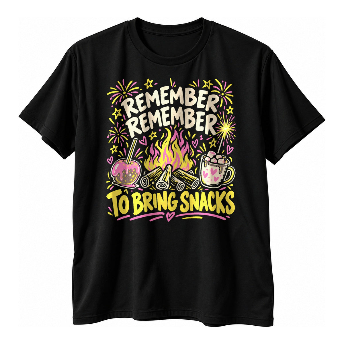 Black t-shirt with a hand drawn doodle of a bonfire, toffee apple and hot chocolate mug with the text Remember Remember To Bring Snacks