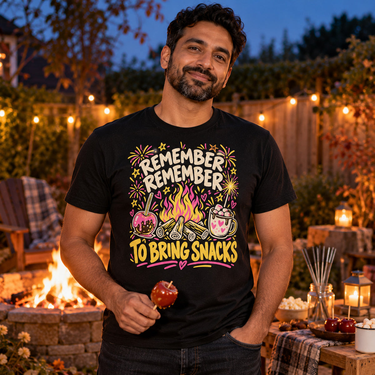 Man wearing the Hand Drawn Doodle Bonfire design black t-shirt by his garden bonfire at dusk holding a toffee apple