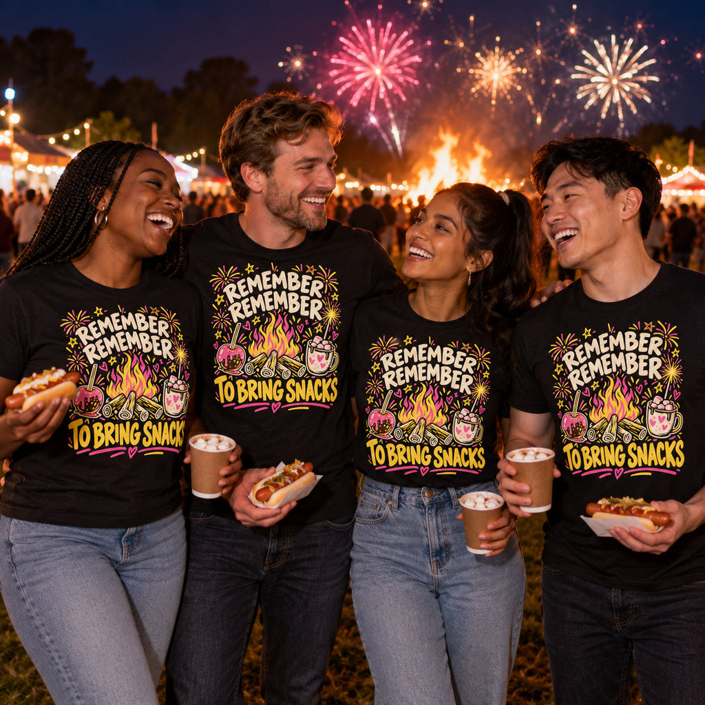 Group of friends wearing the Hand Drawn Doodle Bonfire design black t-shirts at a community fireworks field