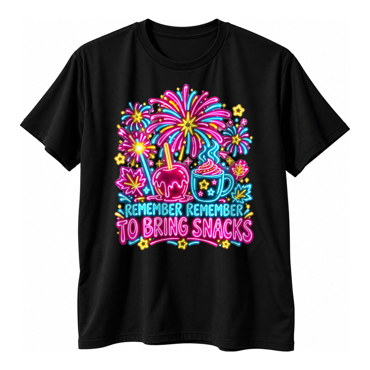 Black t-shirt with a glowing neon style fireworks, toffee apple and cocoa mug design and the text Remember Remember To Bring Snacks