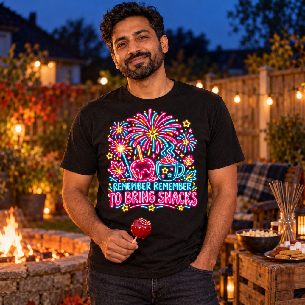 Man wearing the Neon Sign Fireworks design black t-shirt by his garden bonfire at dusk holding a toffee apple