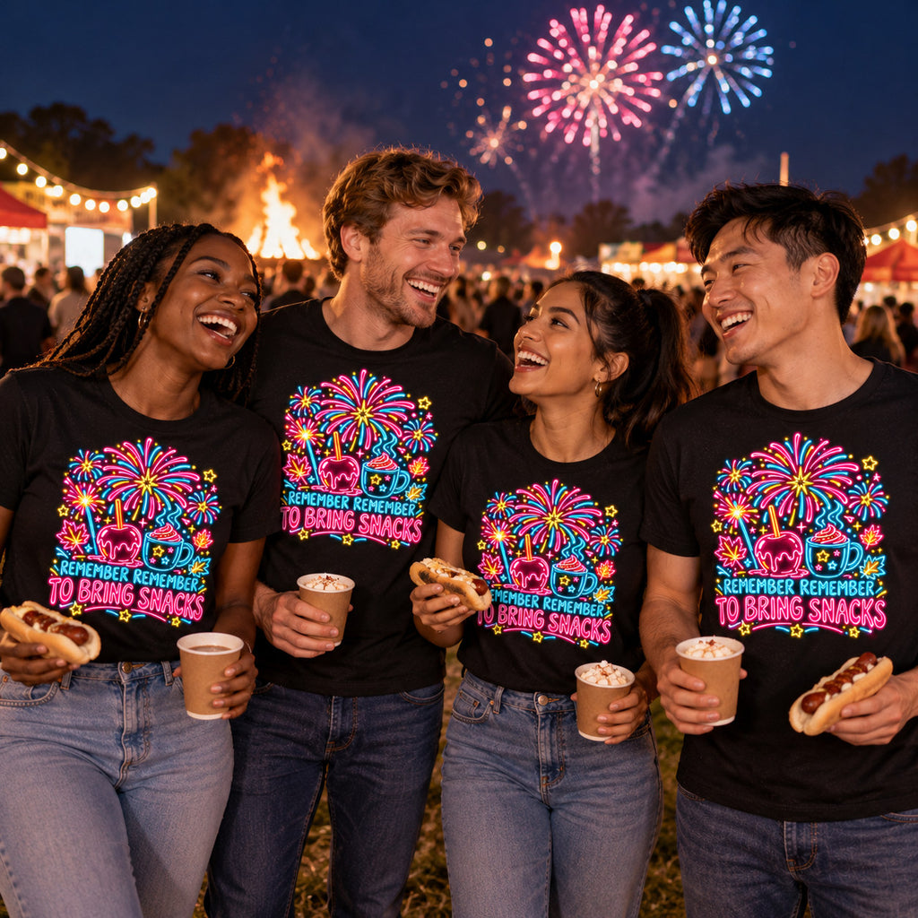 Group of friends wearing the Neon Sign Fireworks design black t-shirts at a community fireworks field