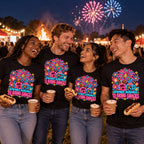 Group of friends wearing the Neon Sign Fireworks design black t-shirts at a community fireworks field