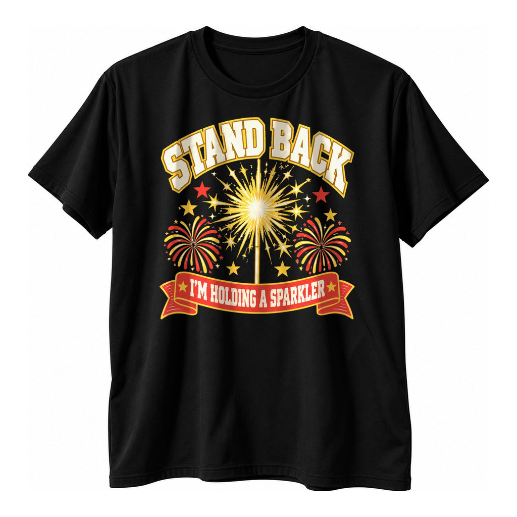 Black t-shirt with a varsity style gold sparkler starburst, fireworks and red banner with the text Stand Back I'm Holding A Sparkler