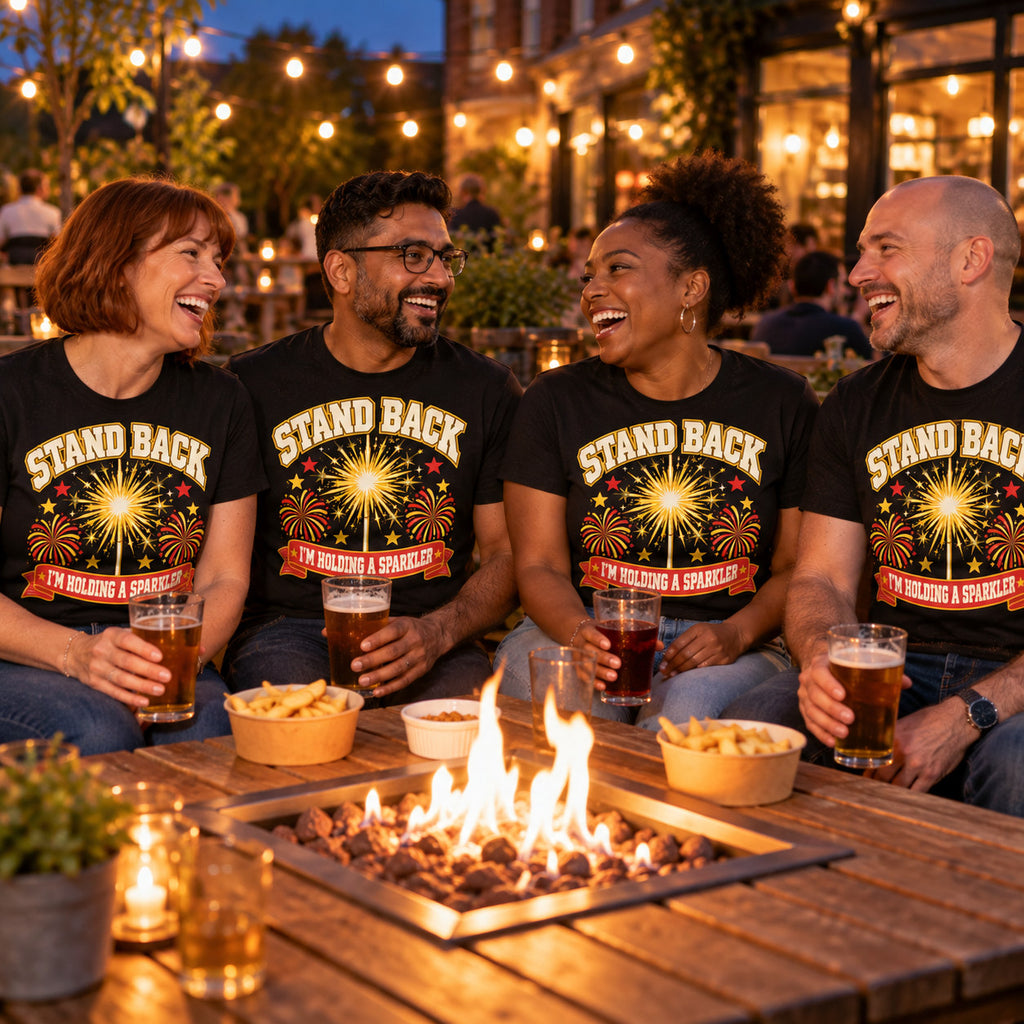 Colleagues wearing the Varsity Sparkler Star design black t-shirts around a pub garden fire pit
