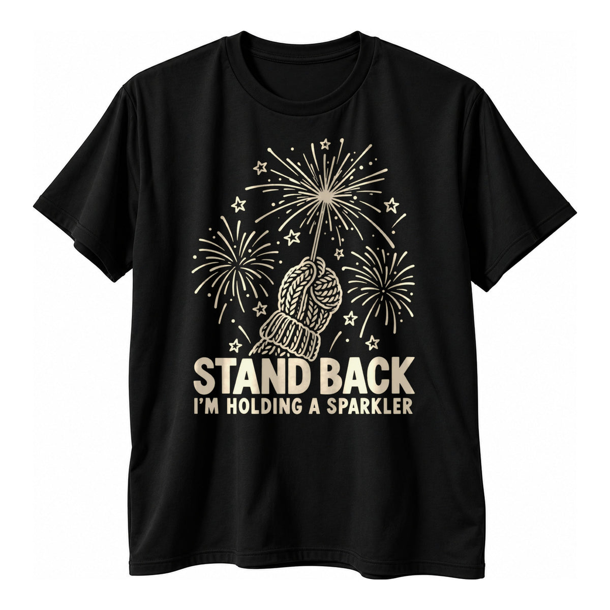 Black t-shirt with a cream line art knitted mitten holding a sparkler and the text Stand Back I'm Holding A Sparkler