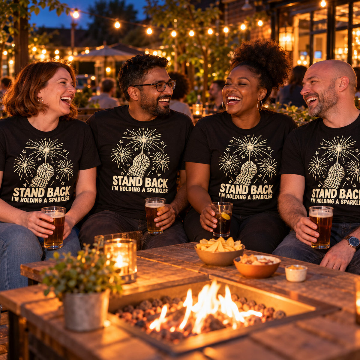 Colleagues wearing the Line Art Mitten Sparkler design black t-shirts around a pub garden fire pit
