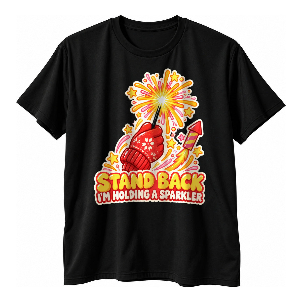 Black t-shirt with a glossy sticker style red mitten holding a sparkler beside a rocket and the text Stand Back I'm Holding A Sparkler