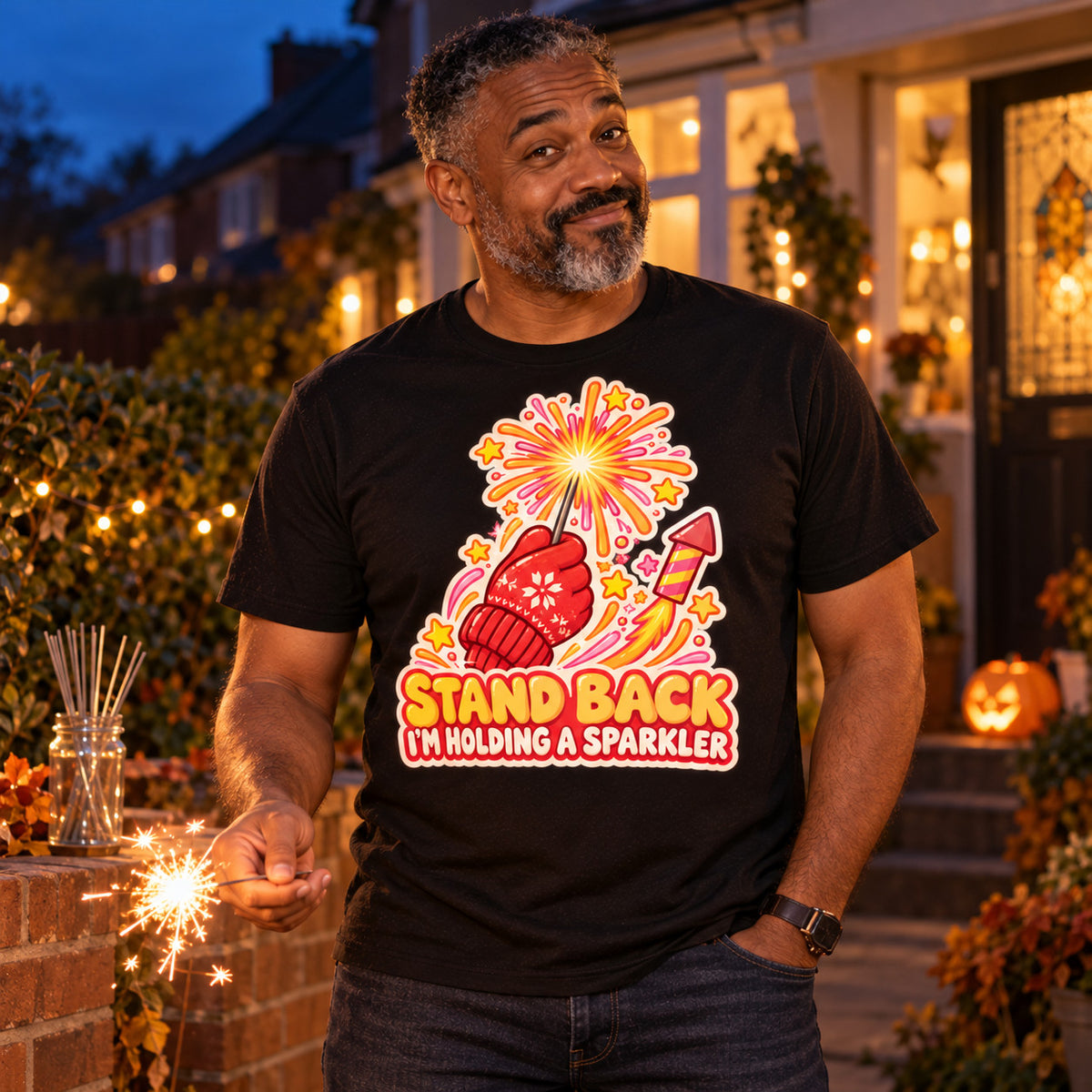 Man wearing the Sticker Mitten Sparkler design black t-shirt on his front garden path at dusk holding a sparkler