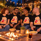 Colleagues wearing the Sticker Mitten Sparkler design black t-shirts around a pub garden fire pit