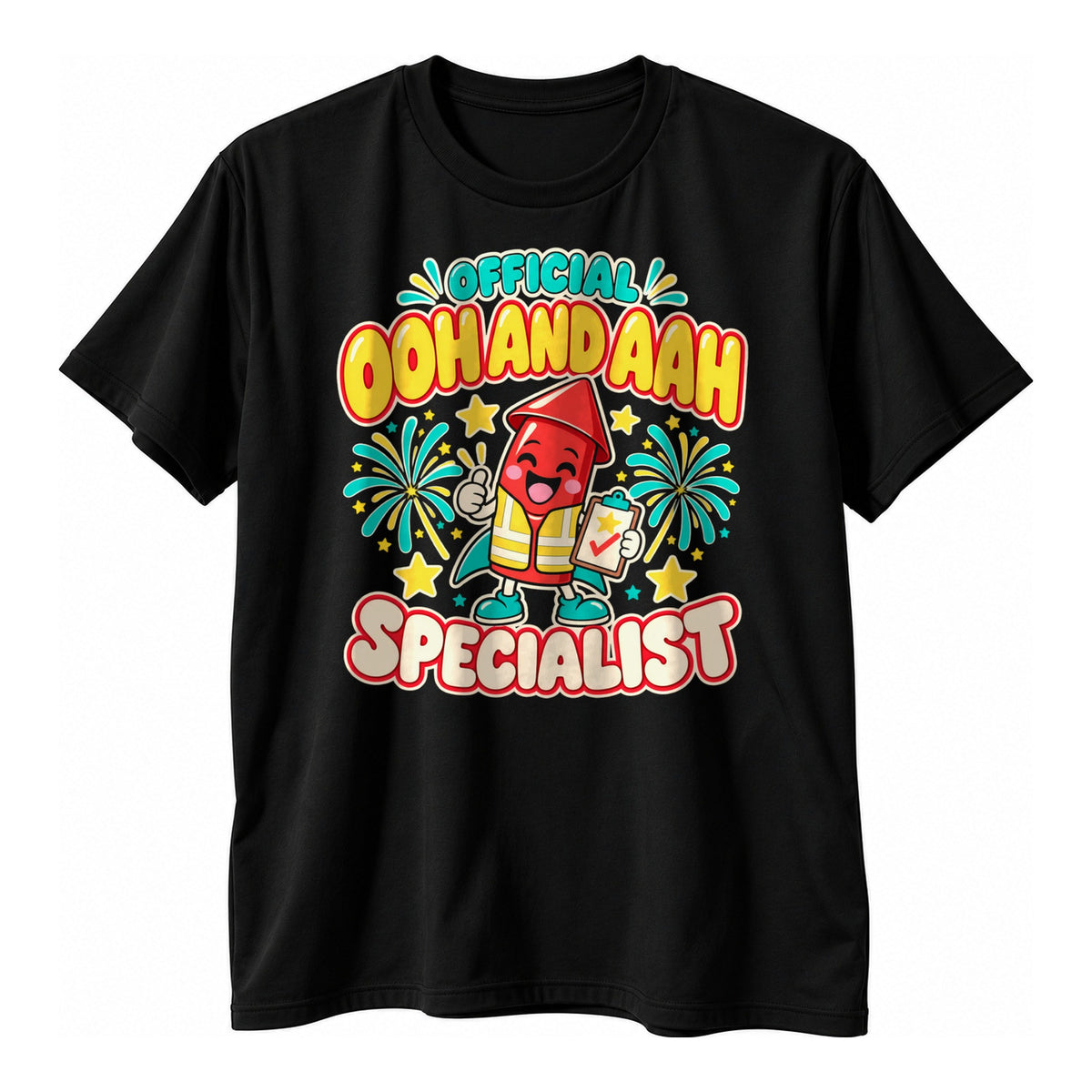 Black t-shirt with a cartoon firework rocket in a hi vis vest holding a clipboard and the text Ooh And Aah Specialist