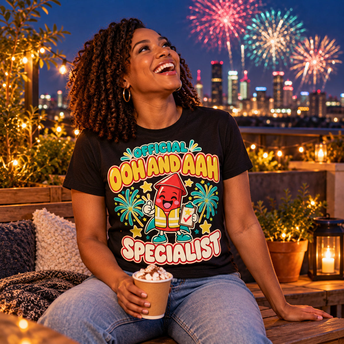 Woman wearing the Cartoon Rocket Specialist design black t-shirt on a city rooftop terrace with fireworks behind her