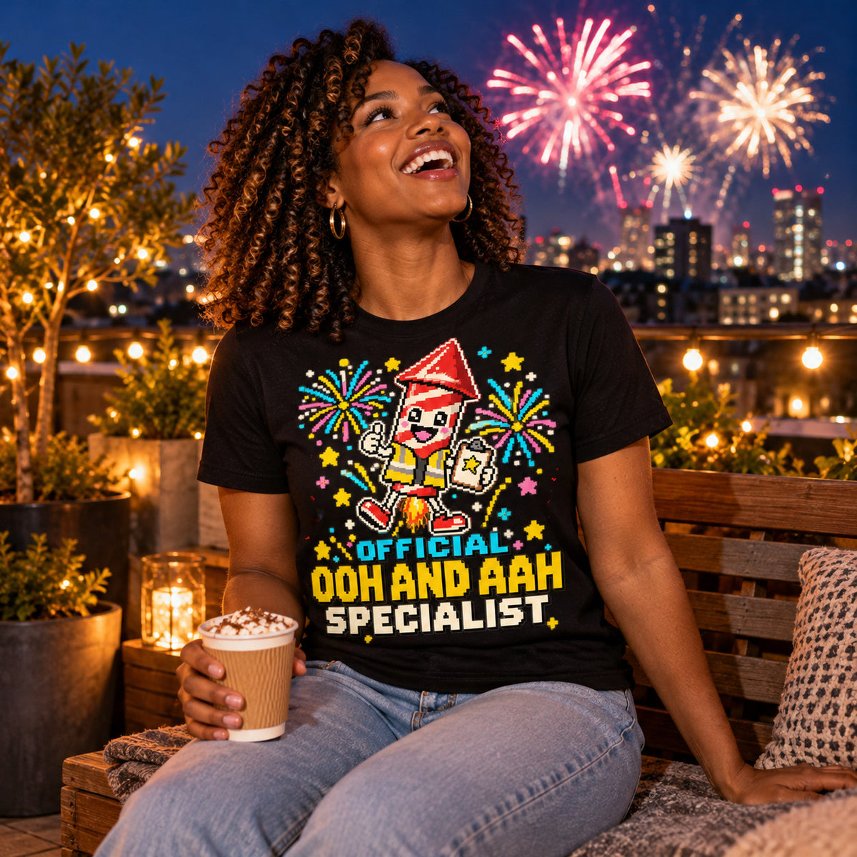 Woman wearing the Pixel Rocket Specialist design black t-shirt on a city rooftop terrace with fireworks behind her