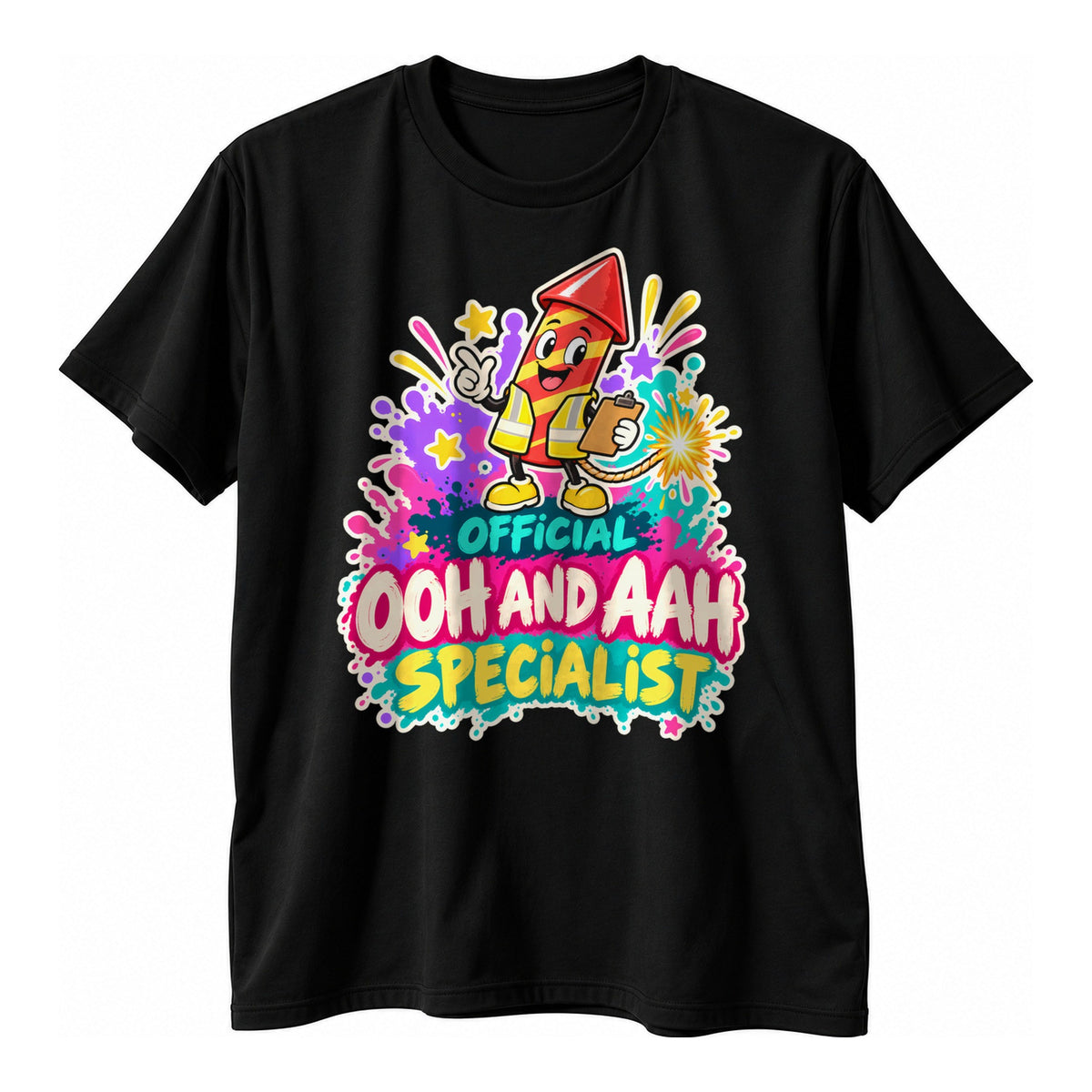 Black t-shirt with a paint splash firework rocket holding a clipboard and the text Ooh And Aah Specialist
