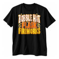 Black t-shirt with stacked hand lettered capitals in cream, orange and gold reading Bobble Hat Flask Fireworks