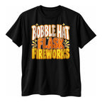 Black t-shirt with stacked hand lettered capitals in cream, orange and gold reading Bobble Hat Flask Fireworks