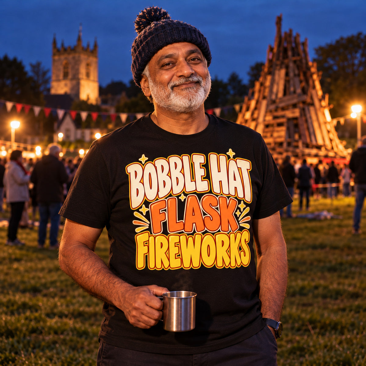 Man wearing the Bold Type Stack design black t-shirt on a village green at dusk holding a flask cup of tea