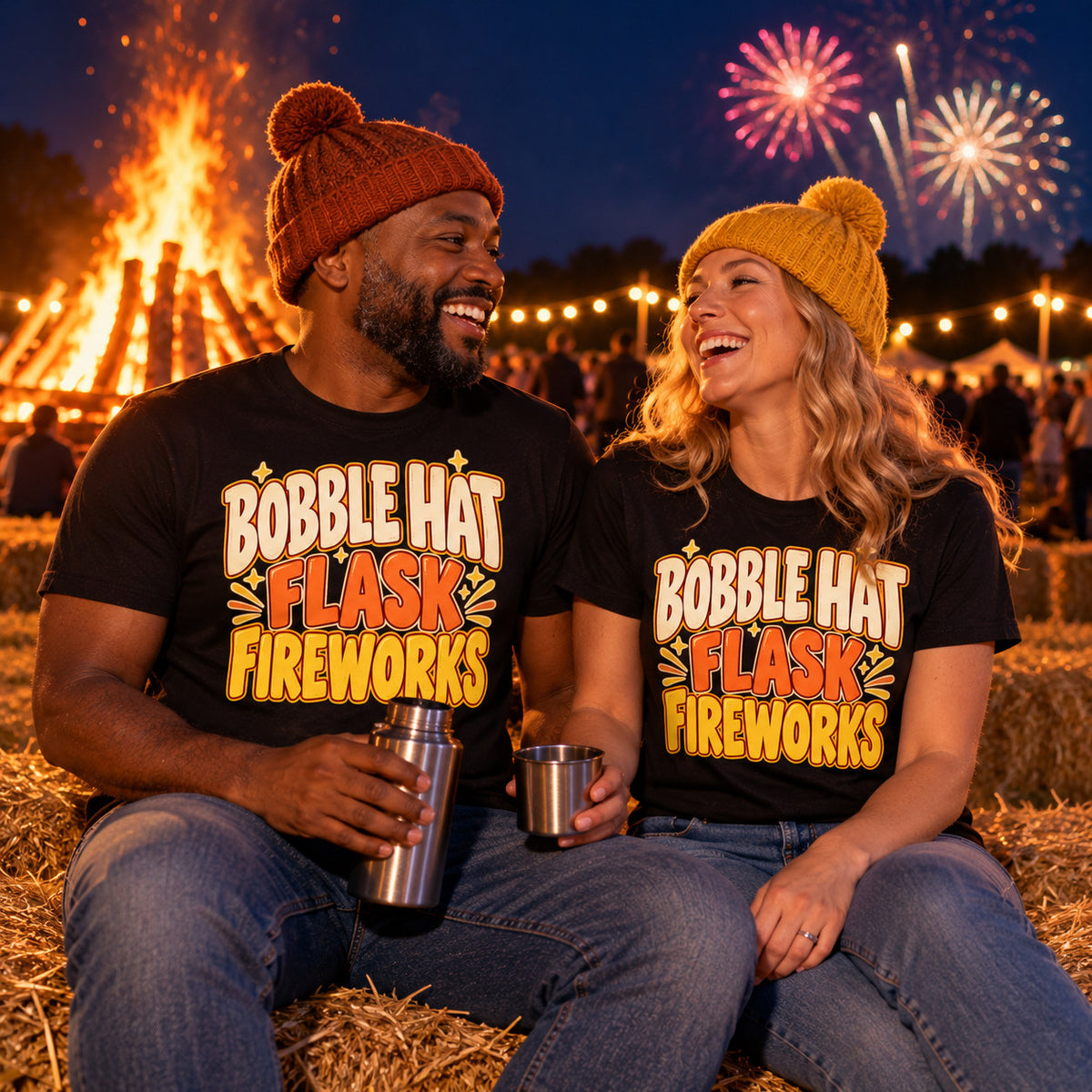 Couple wearing matching Bold Type Stack design black t-shirts on straw bales by a bonfire sharing a hot drink
