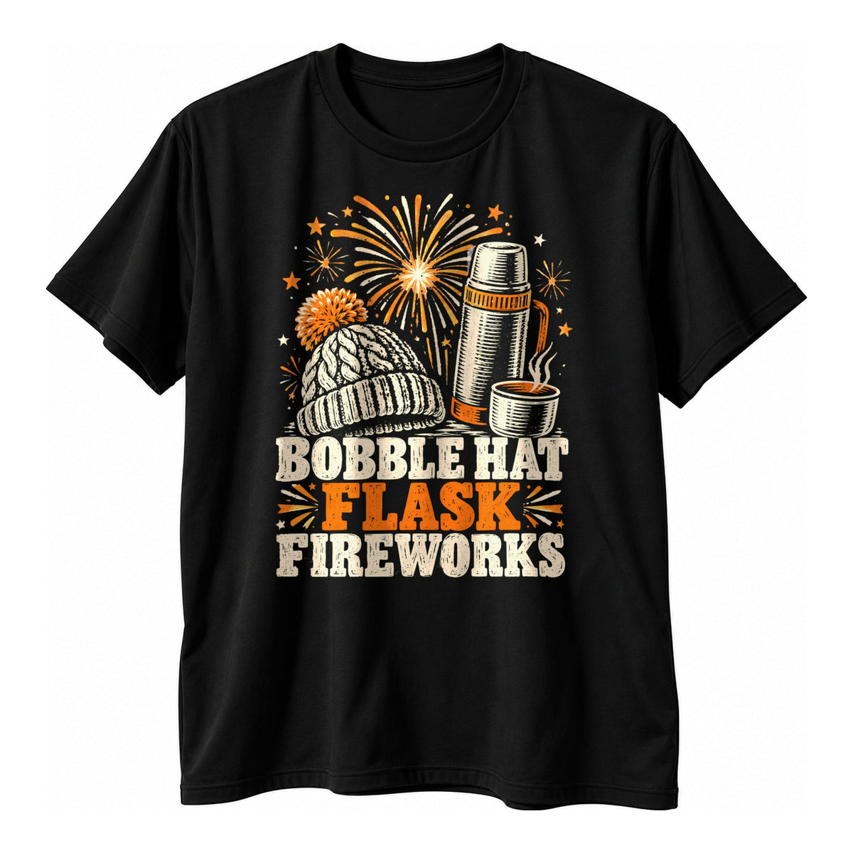 Black t-shirt with a cream and orange woodcut style bobble hat, flask and firework burst and the text Bobble Hat Flask Fireworks