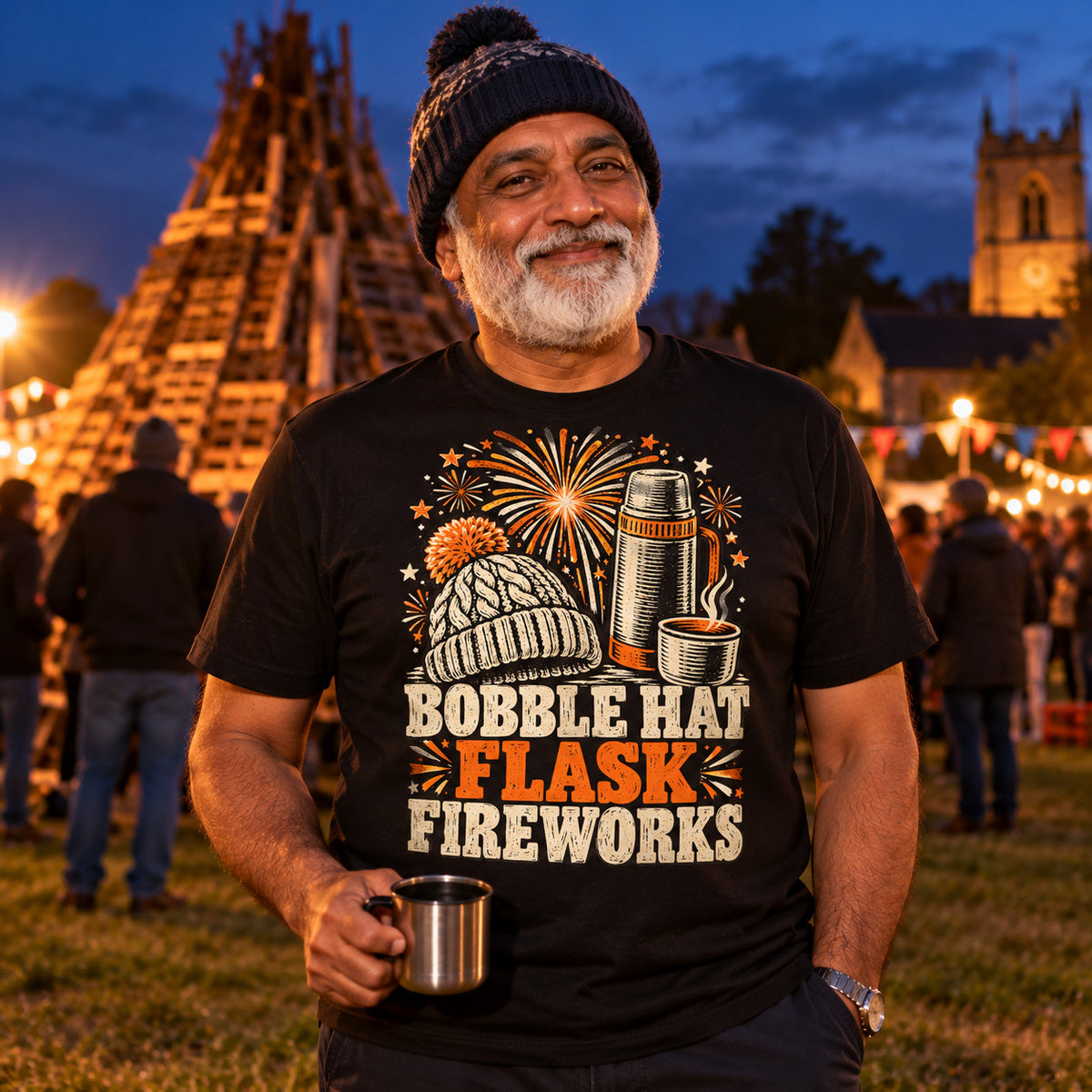 Man wearing the Woodcut Kit Trio design black t-shirt on a village green at dusk holding a flask cup of tea