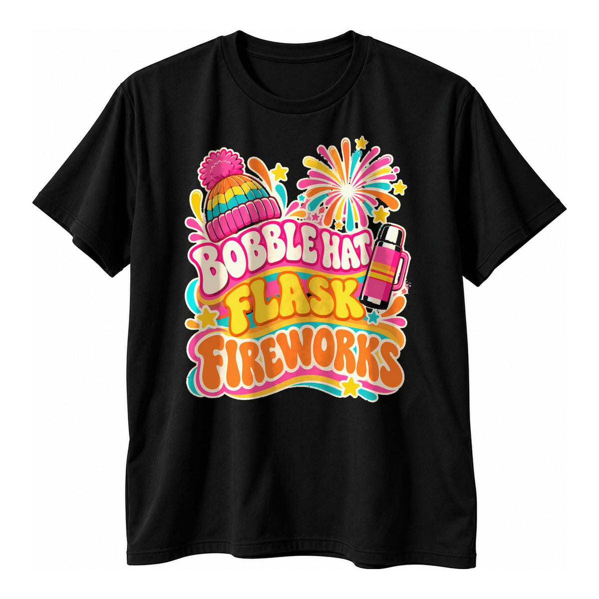 Black t-shirt with a groovy retro wavy design of a bobble hat, flask and fireworks and the text Bobble Hat Flask Fireworks